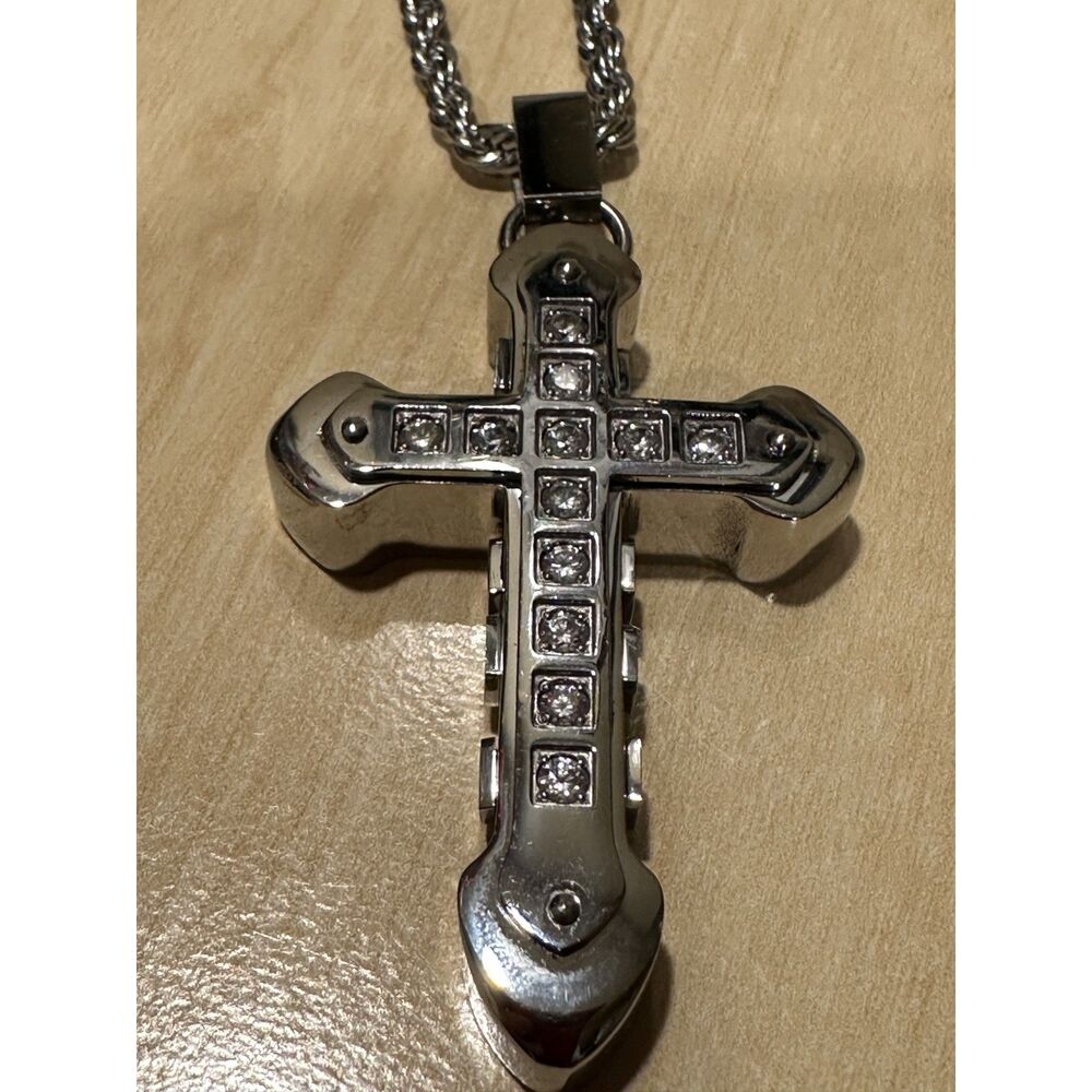 Steeltime Stainless Steel Heavy Cross Pendant Necklace CZ with 25" Rope Chain